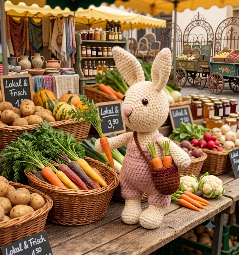 Gehäkelter cremefarbener Hase mit rosa Latzhose